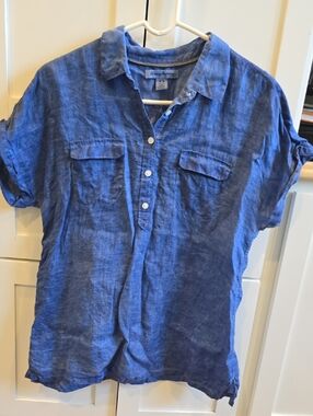 Women's Blue Linen Short-Sleeve Button Shirt
